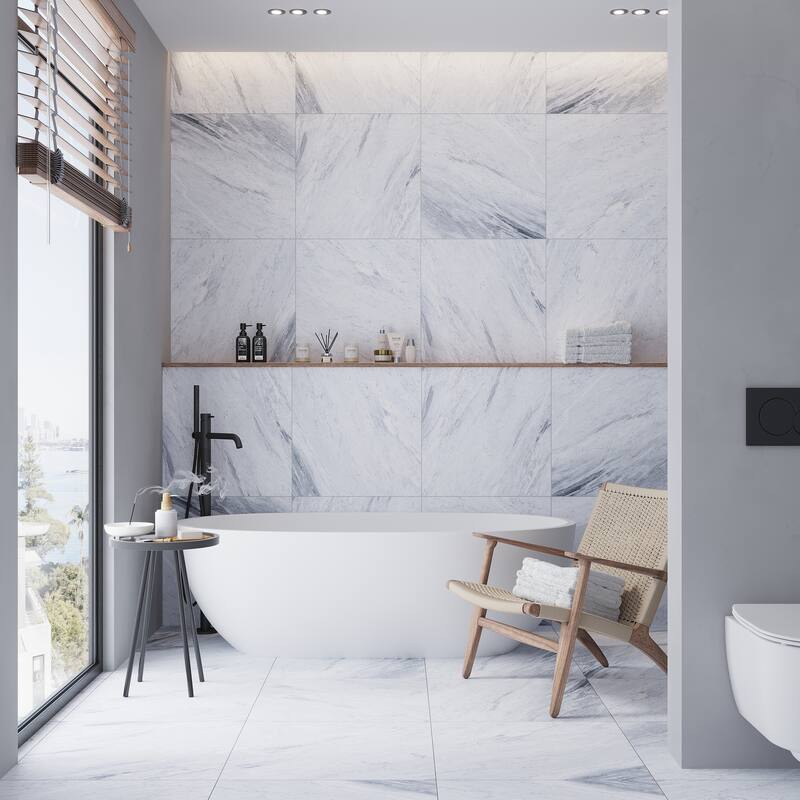 Regalia 24x24 in. Matte Color Body Porcelain Marble-look Vein Large Wall and Floor Tile (15.5 sq ft/case, 4-Pack) - Smoke Blue