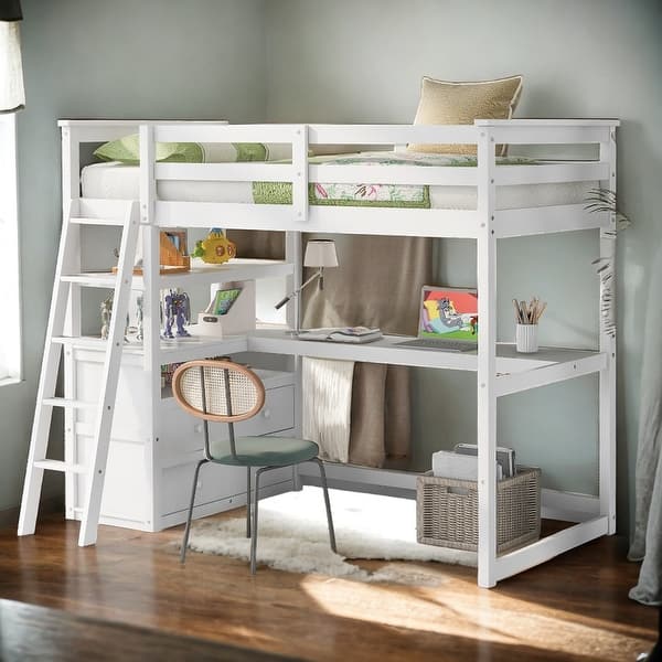 slide 2 of 17, Stylish & Simple Twin Size Loft Bed with Desk and Shelves, Two Built-in Drawers, Safety Guaranteed, Multifunctionl Design, White White