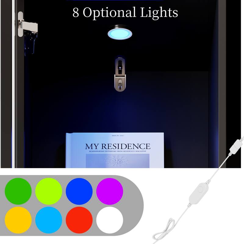 Glass Display Cabinet with LED Spotlight and Wood Grain Door Tall Aluminum Frame Curio Cabinet