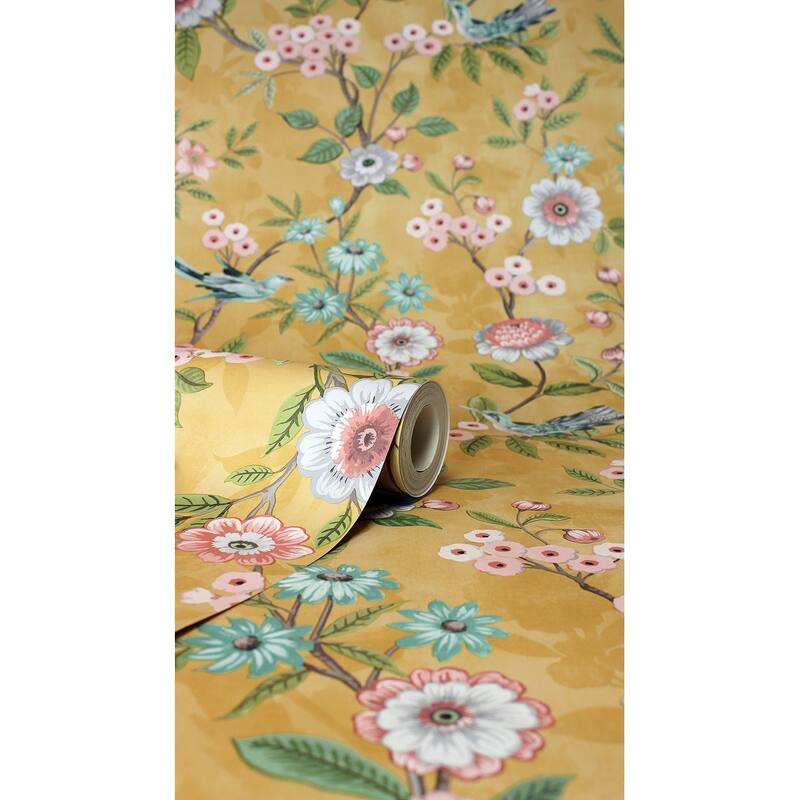 Fine Decor Elspeth Mustard Floral Trail Wallpaper