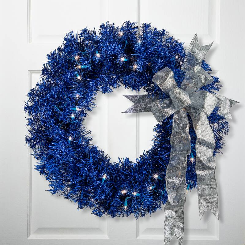 Pre-Lit Artificial Tinsel Christmas Wreath - 24" - Blue - Clear Lights