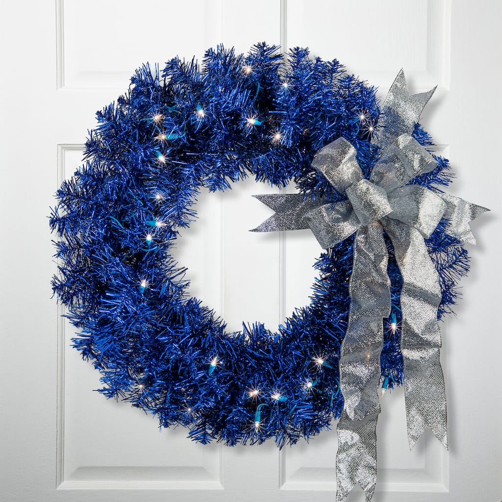 Pre-Lit Artificial Tinsel Christmas Wreath - 24" - Blue - Clear Lights