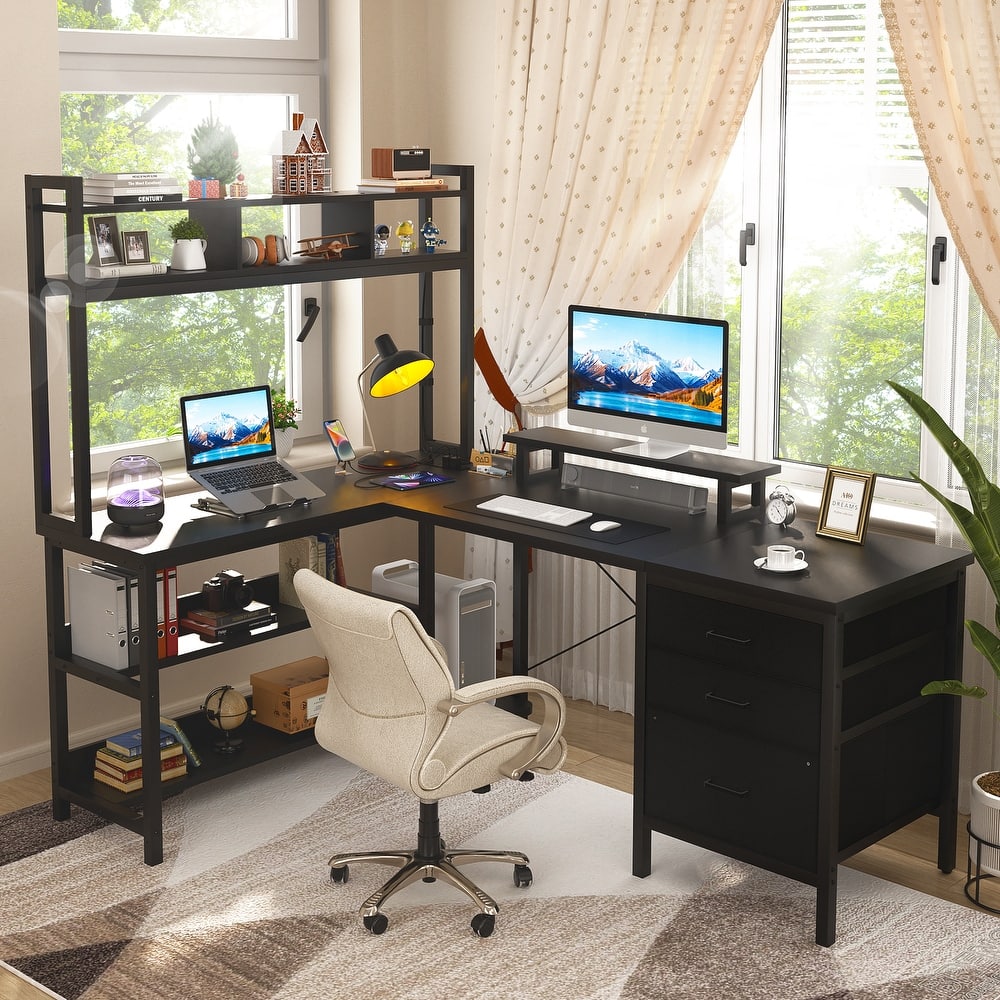 Ultimate L-Shape Gaming Desk with Bookshelf Hutch and 3 Fabric Drawers, Computer Desk with Power Outlets and LED Lights