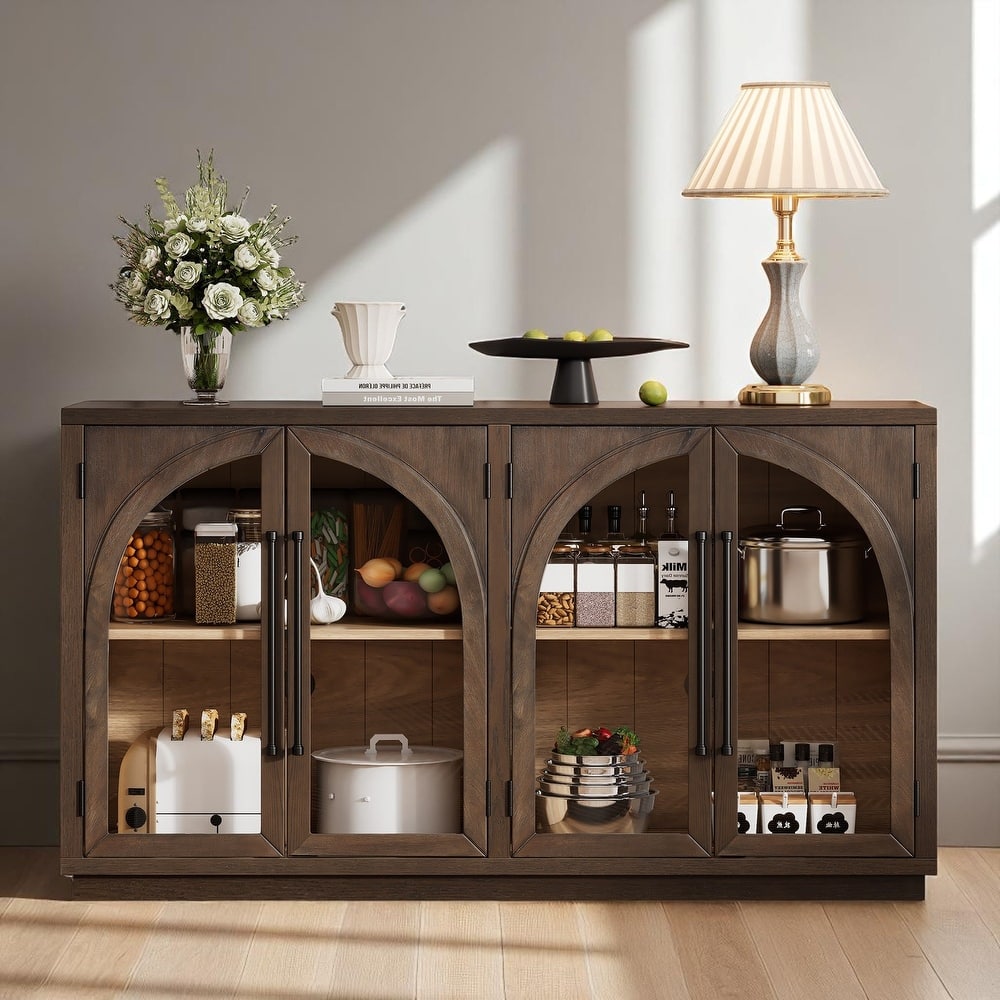 60" 4-Door Arched Sideboard Buffet Cabinet with Glass Doors and Adjustable Shelves, Retro Oak Veneer Console