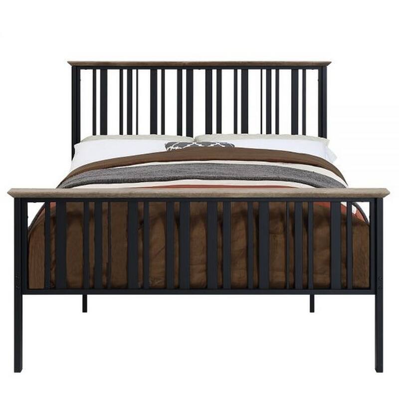 Nori Full Bed with Slatted Metal Frame, MDF Wood, Oak Brown and Black