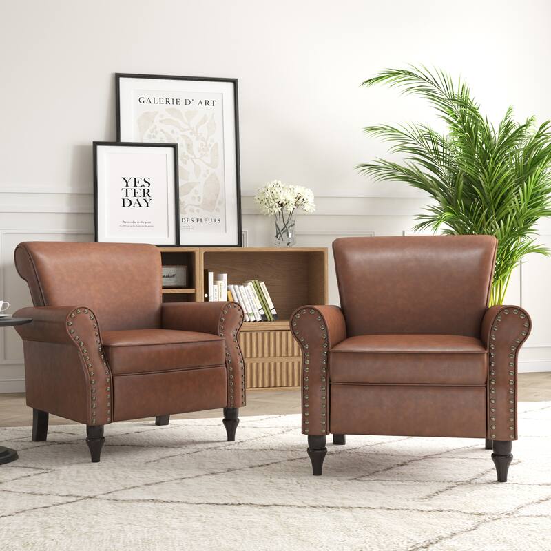 Rolled Armrests PU Accent Chair with Nailhead Trim (Set of 2)
