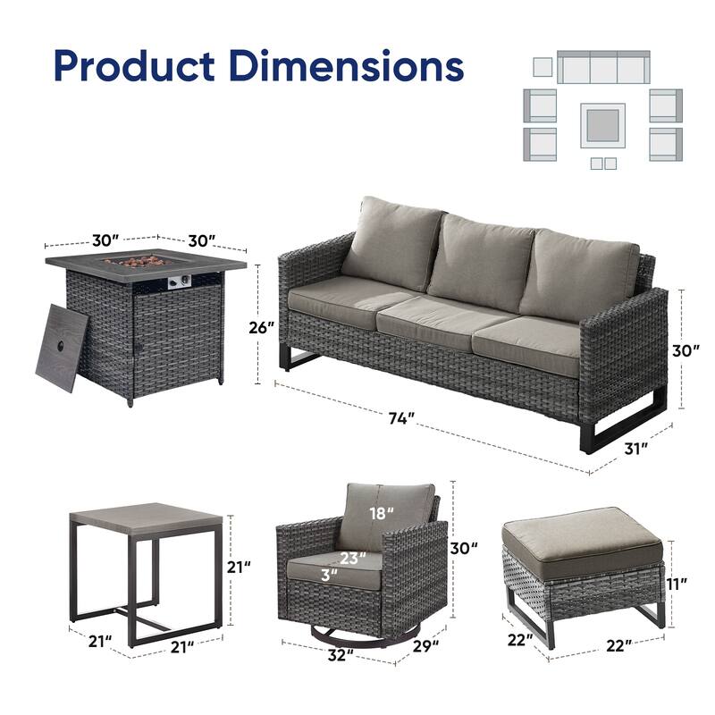 4 Patio Swivel Chairs with Sofa and Fire Pit Table