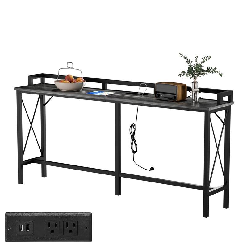 Javlergo Extra Long Console/Sofa Table with Charging Station&Power Outlet, Charcoal Grey