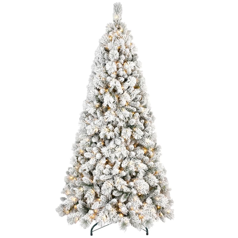 HomeRoots 8' White Pre Lit Full Flocked Fir Christmas Tree - 53.00 in. x 96.00 in. x 53.00 in.
