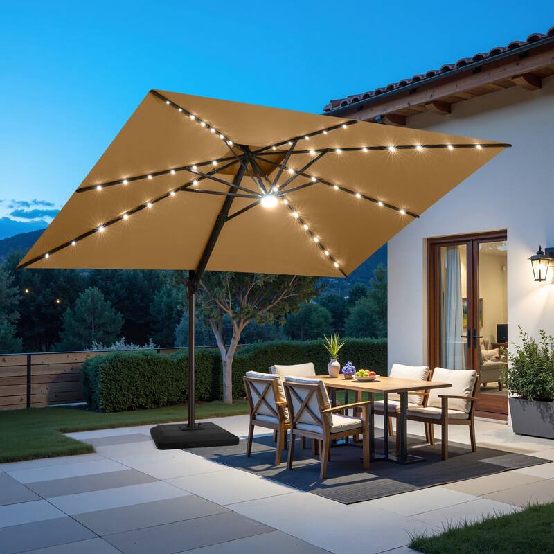 9 x11 FT Cantilever Patio Umbrella with Weighted Base, Double Canopy & LED Lights
