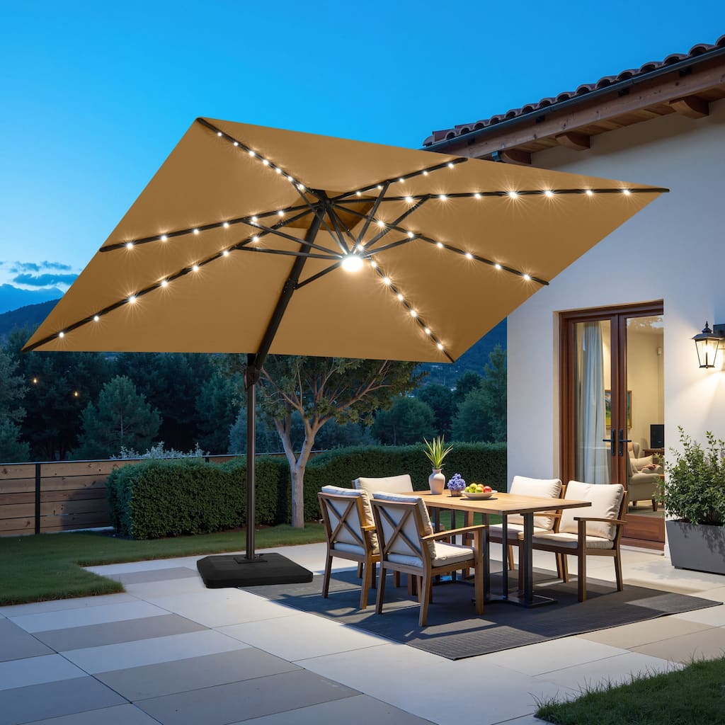 9 x11 FT Cantilever Patio Umbrella with Weighted Base, Double Canopy & LED Lights
