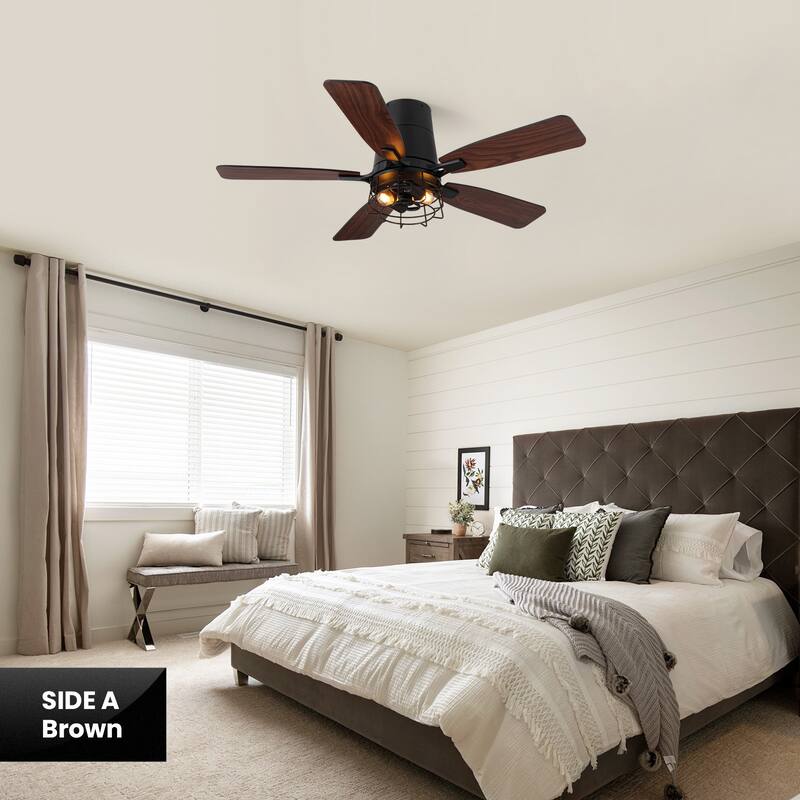 Modern Black Low Profile Small Caged Ceiling Fan with Light and Remote
