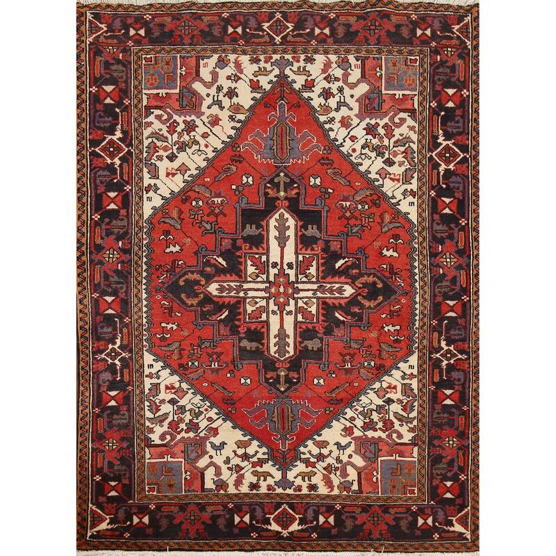 Geometric Heriz Persian Area Rug Handmade Wool Carpet - 5'0"x 6'3"