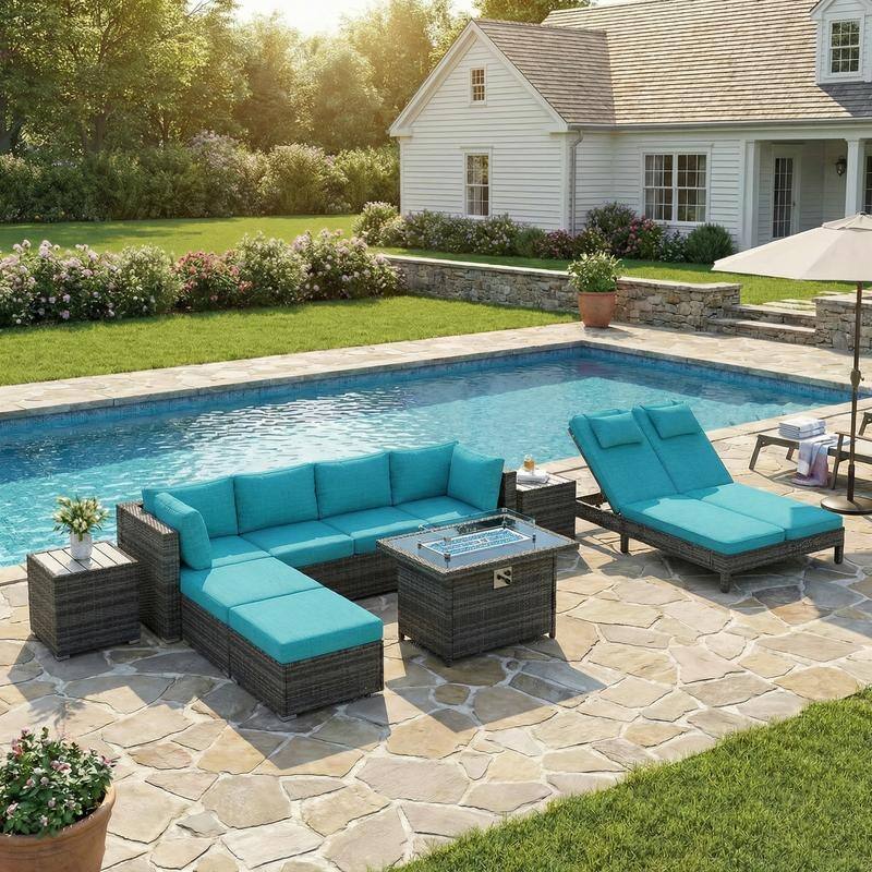 Outdoor Sectional Conversation Set PE Wicker with Double Chaise Lounge, 60,000 BTU Fire Pit Table - 10-Piece/Ottoman & Table - Teal
