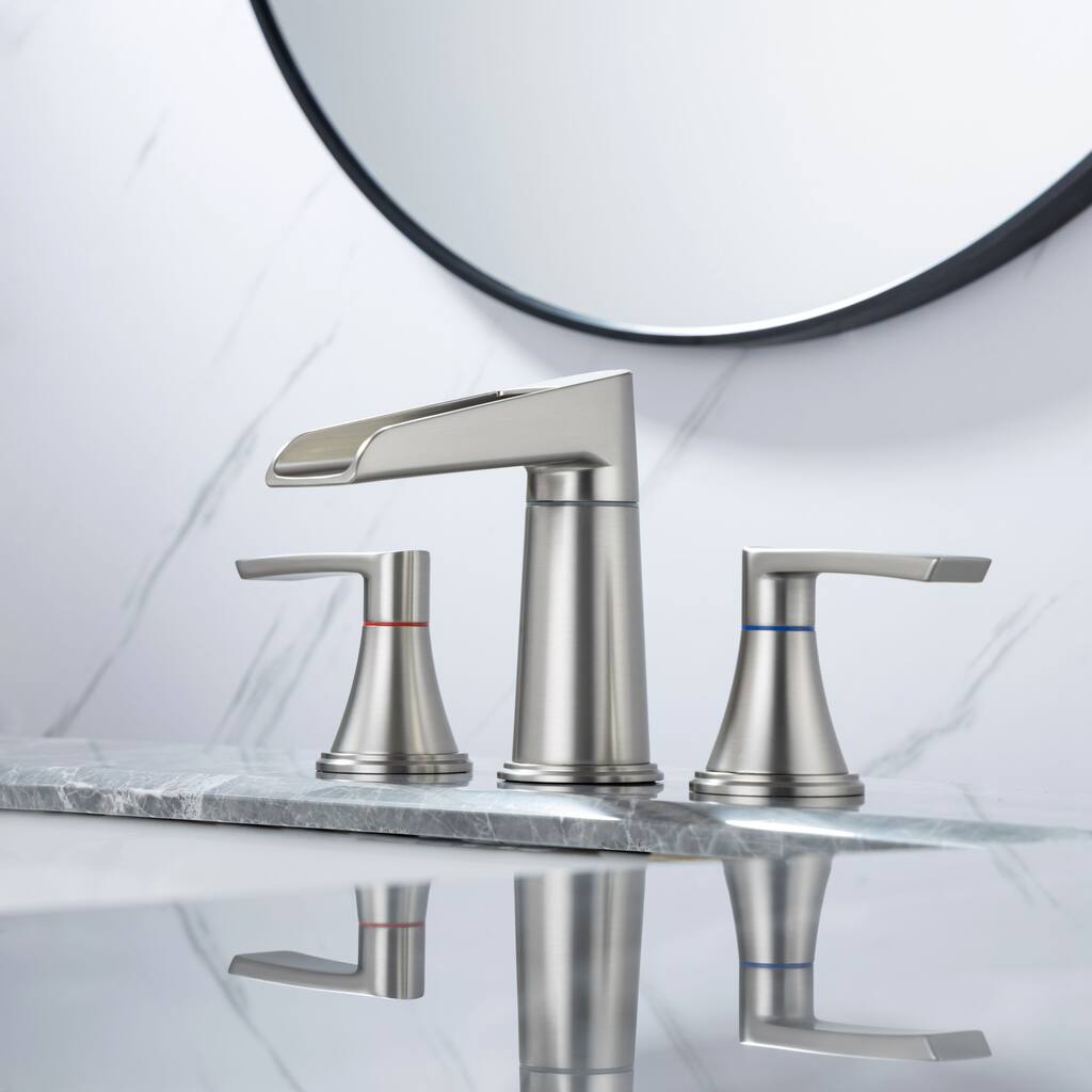 Modern Widespread Bathroom Faucet Set with Waterfall Design, Two Handles, and Matching Drain Assembly Customizable Installation