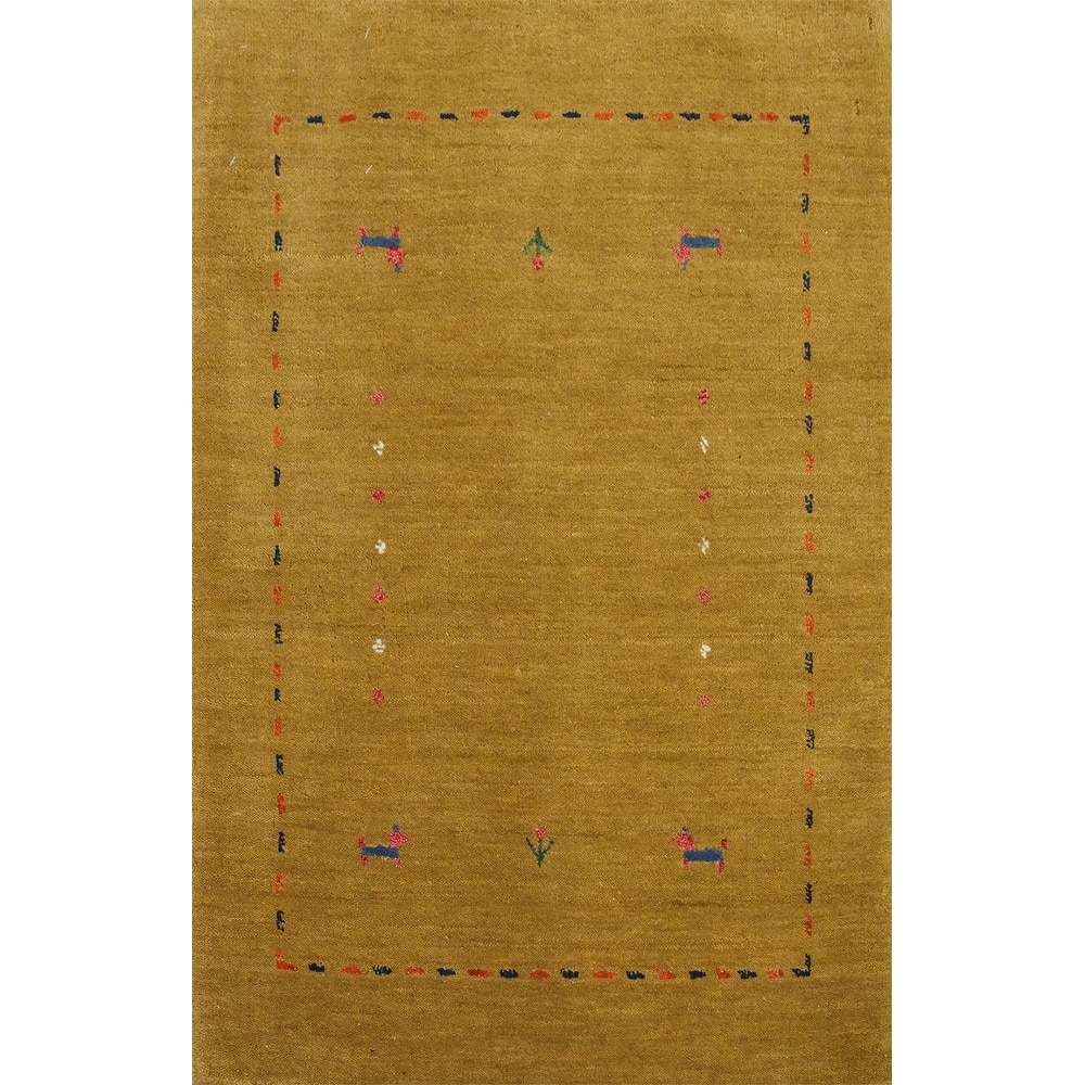 Hand Knotted Oriental 100% Wool Carpet Tribal Animal Pictorial Yellow & Gold Gabbeh Area Rug - 3' 0'' X 2' 0''