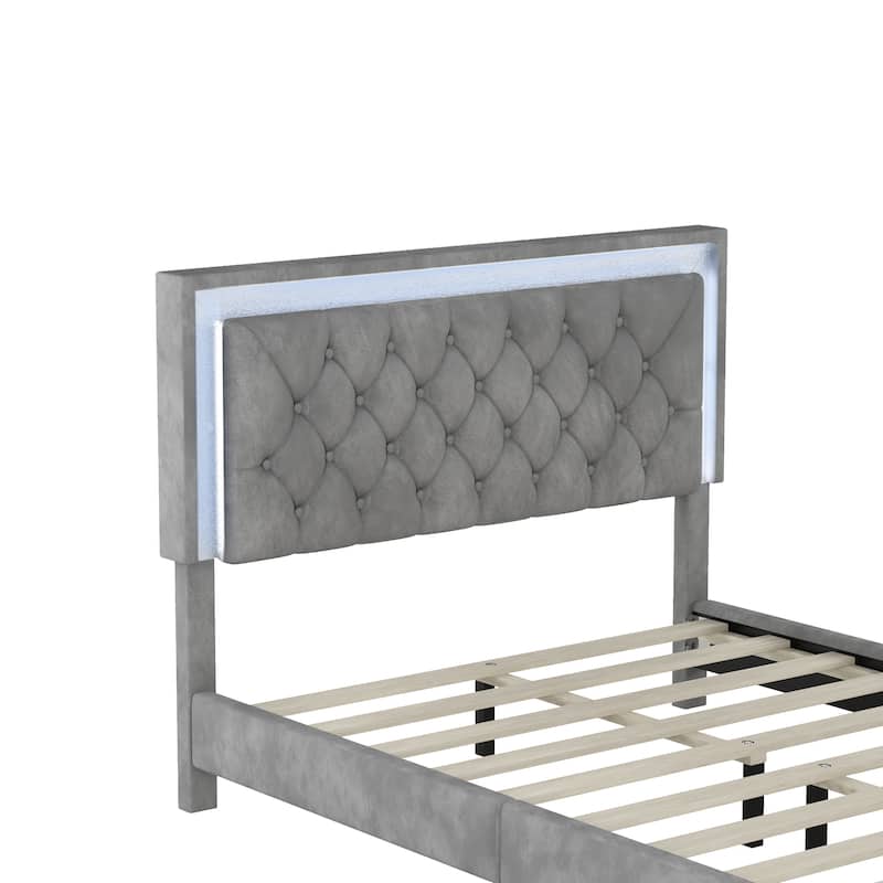 Velvet Platform Bed with Tufted Headboard and LED Lights