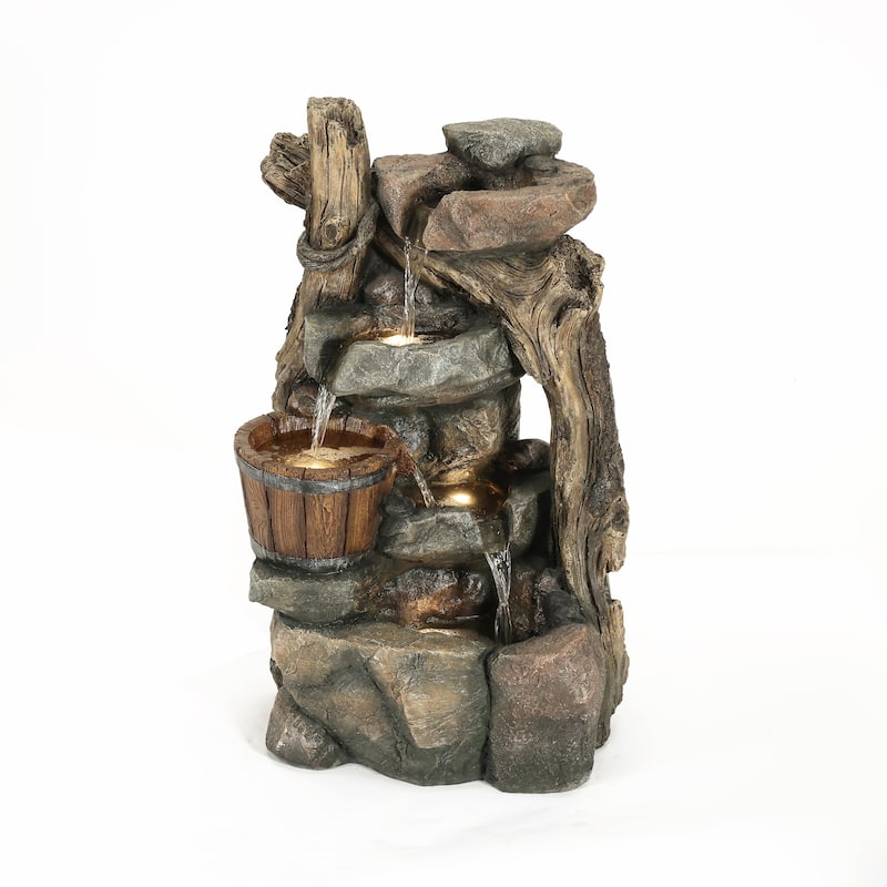 Resin Stacked Rock Wall and Barrel Outdoor Fountain with LED Lights