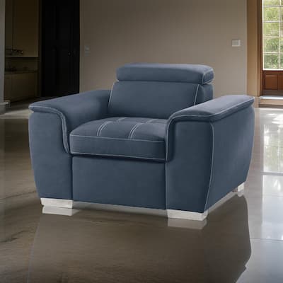 Rida 45 Inch Chair, Pull Out Ottoman, Adjustable Headrest, Solid Wood, Blue