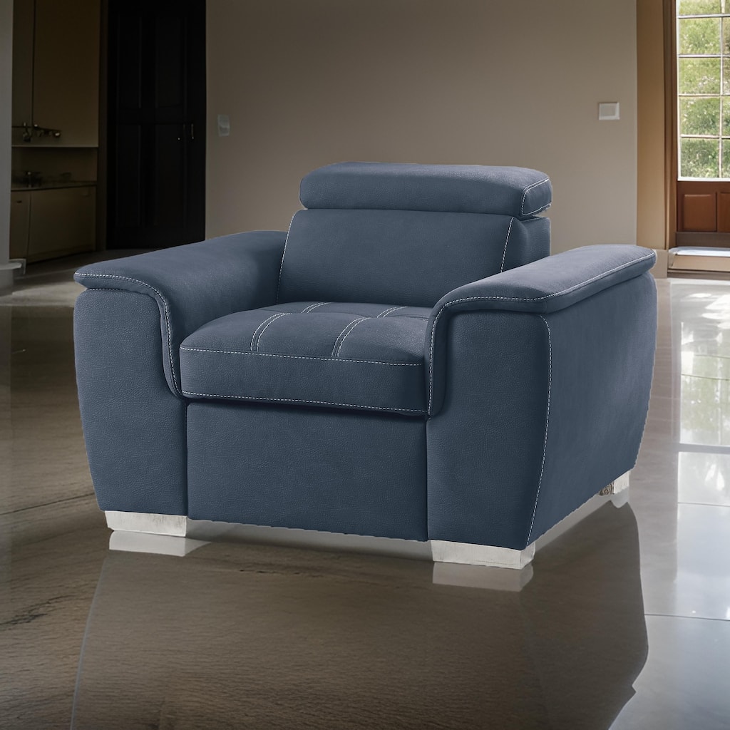 Rida 45 Inch Chair, Pull Out Ottoman, Adjustable Headrest, Solid Wood, Blue