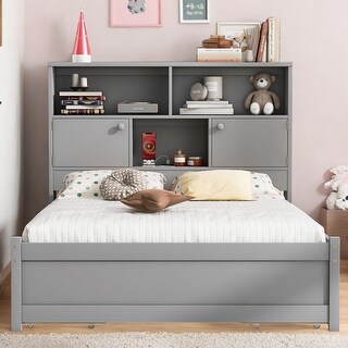 Full Size Solid Pine Platform Kids Bed Frame with Storage Headboard, Charging Station, and 4-Drawers, Easy to Assemble, Grey