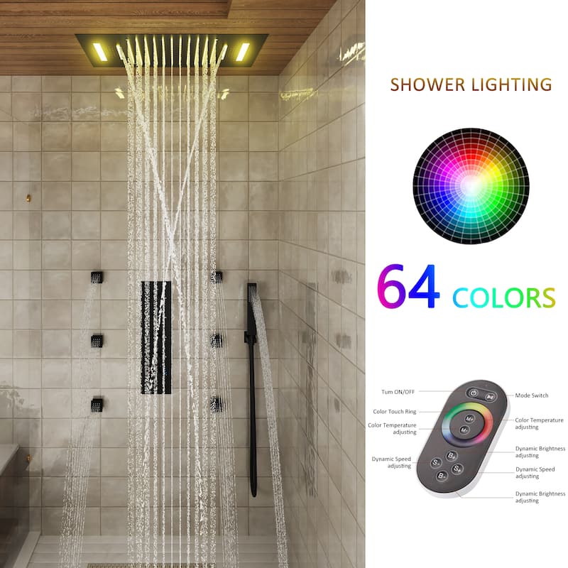 Luxury 4-Spray Patterns 23 in. Ceiling Mount Shower System with Handheld Shower Head, 6 Body Jets, LED, and Music - 15" x 23"