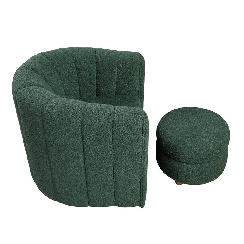 Noa Swivel Chair and Ottoman, Channel Tufted Curved, Sea Green Boucle