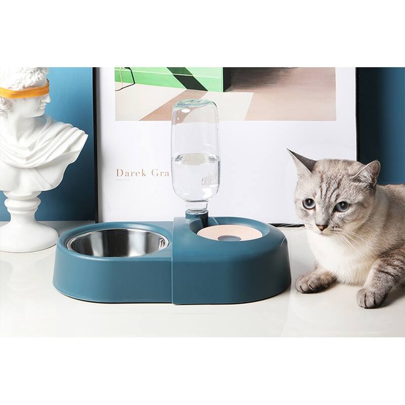 HANAMYA 2-in-1 Pet Feeder Set with Automatic Water Dispenser and Stainless Steel Bowl, for Puppy and Cat