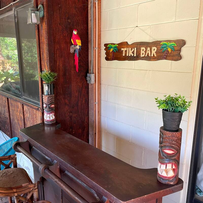 Set Of 5 Hand-Carved Polynesian Wooden Wall Masks & Rustic Tiki Bar