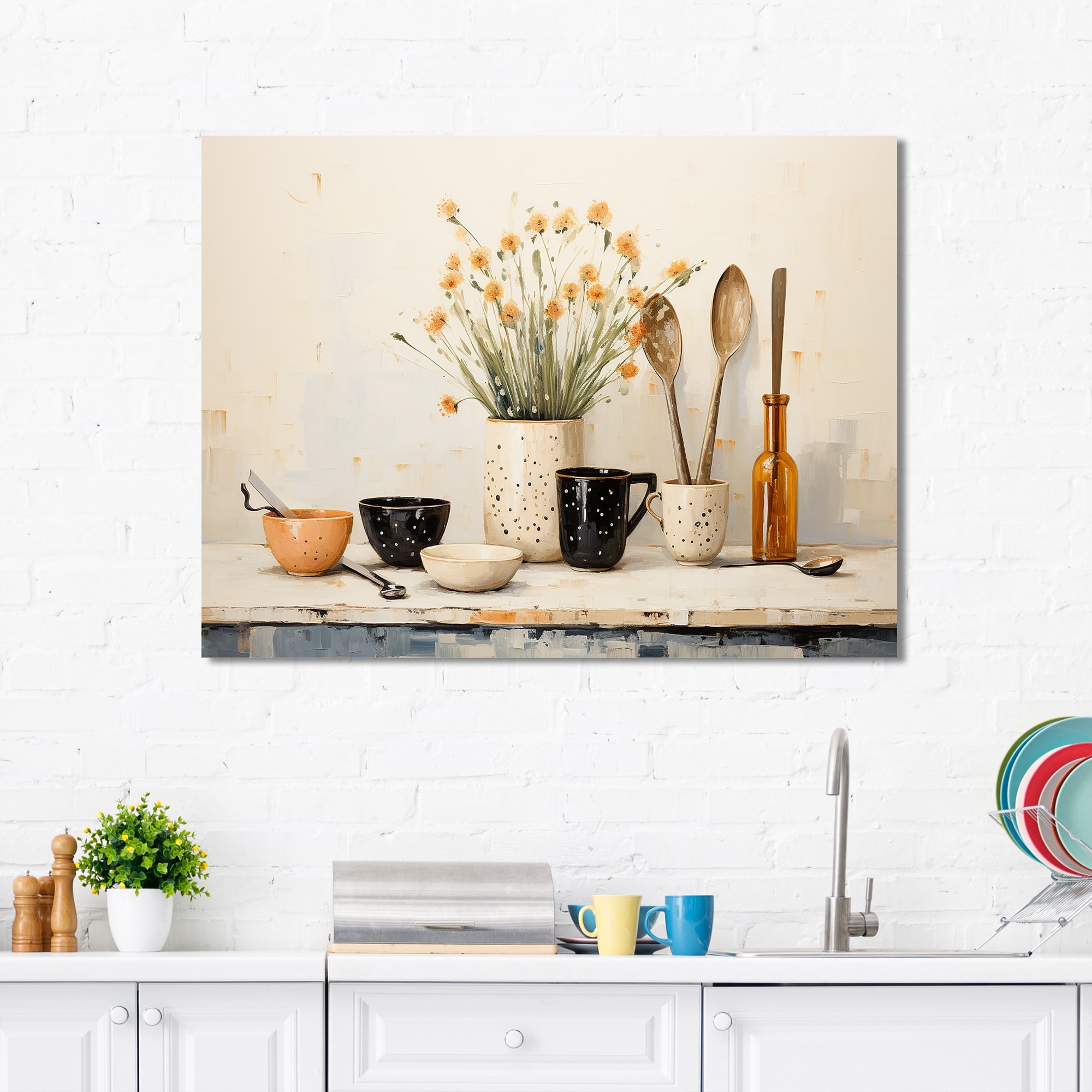 designart "minimalist kitchen cutlery i" kitchen wall décor beige - traditional print art for living room