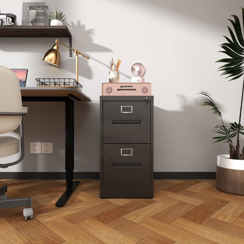 Modern 2-Drawer Narrow Filing Cabinet, Vertical Filing Cabinet with Lock and Anti-Tilt Function, for Home Office, Black