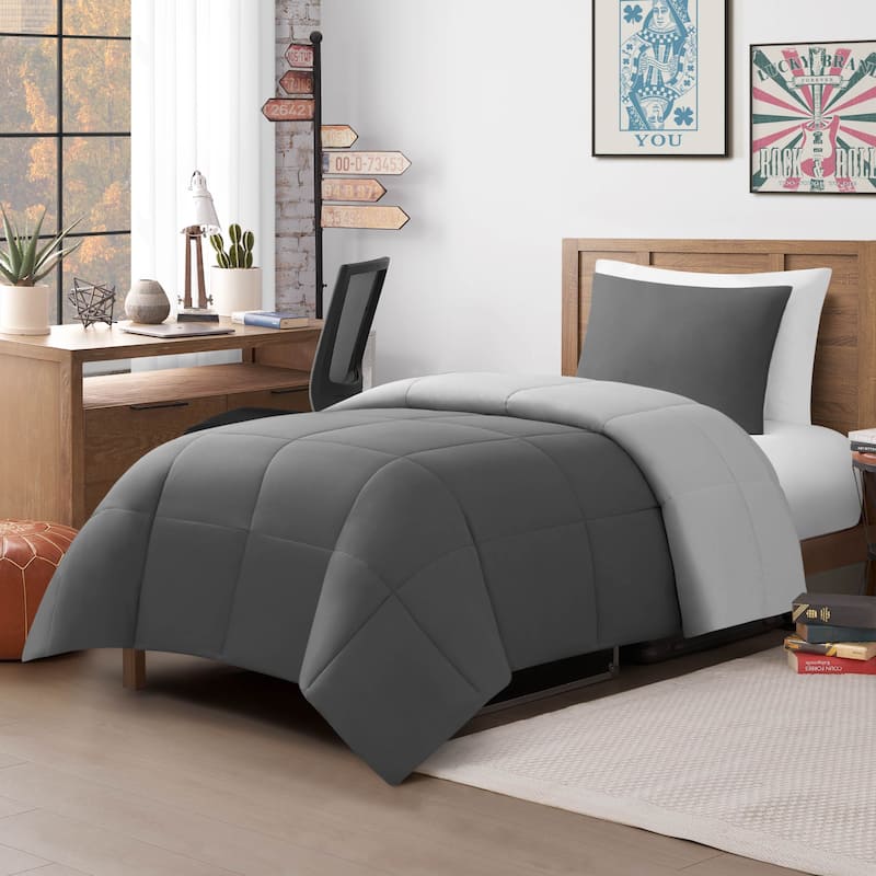 Lucky Brand Box Stitch Reversible Comforter Sets - Twin - Twin XL - Dark Gray/Light Gray