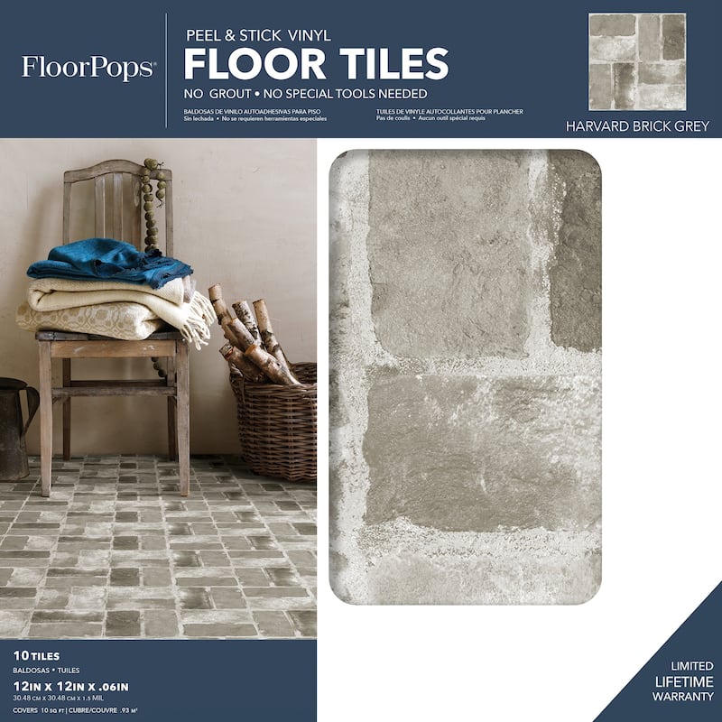 FloorPops Harvard Brick Grey Peel & Stick Floor Tiles