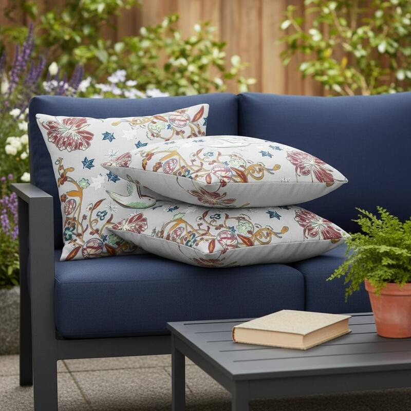 HomeRoots Set of Two 16" X 16" Gray and Blue Bird Blown Seam Floral Indoor Outdoor Throw Pillow - 16.00' X '16.00' X '5.00 - Blue/Gray - 16.00' X '16.00' X '5.00