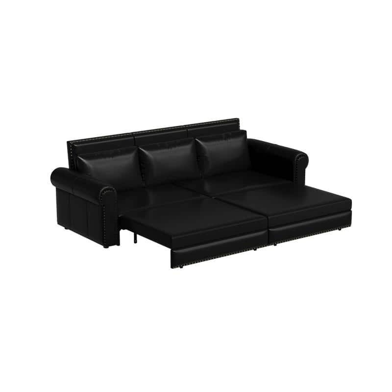 3-in-1 King Pull Out Sofa Bed Chesterfield Sofa, Velvet/Faux Leather Convertible Sleeper Sofa with Nailhead Trim & Rolled Arm