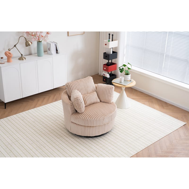Oversized 360 Degreed Swivel Accent Chair Modern Soft Plush Corduroy Round Barrel Chair for Living Room Bedroom with Pillows