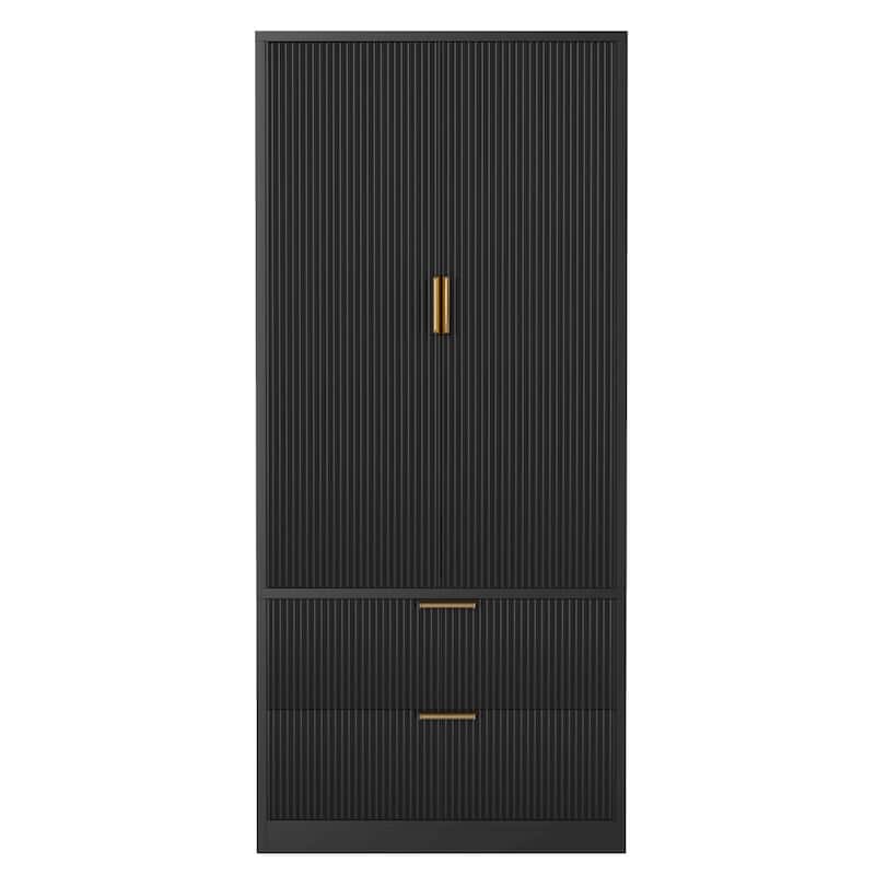Meyreso Fluted Armoire Wardrobe Closet Storage Cabinet with 2 Doors & 2 Drawers - N/A
