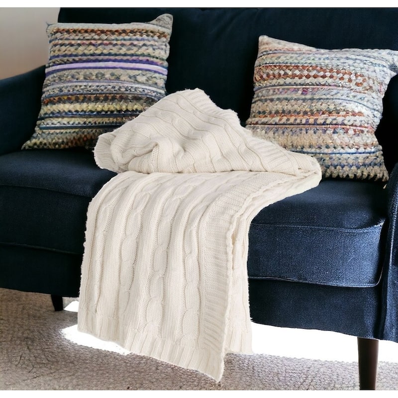 HomeRoots Ivory Knitted 100% Cotton Throw Blanket - Throw - Ivory