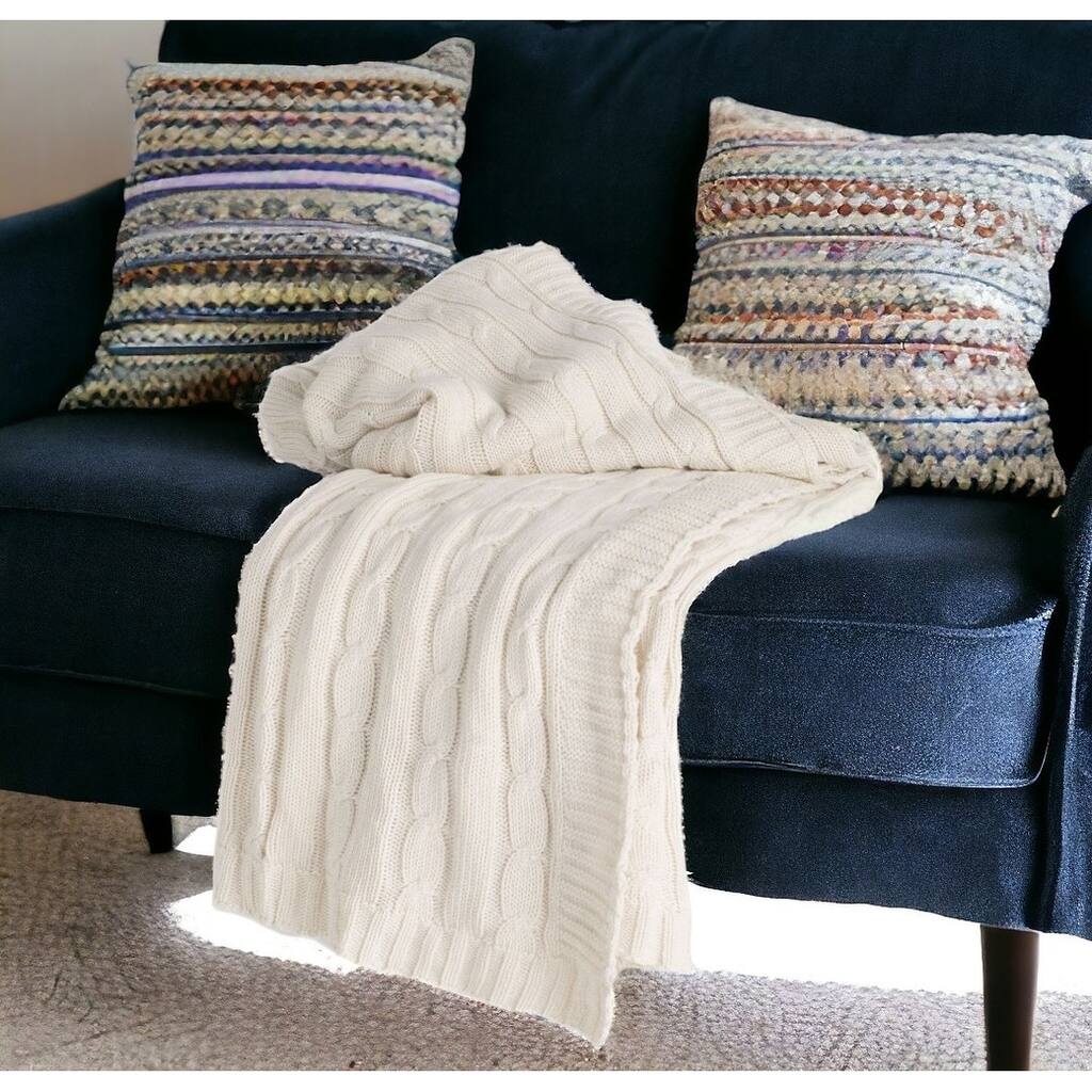 HomeRoots Ivory Knitted 100% Cotton Throw Blanket