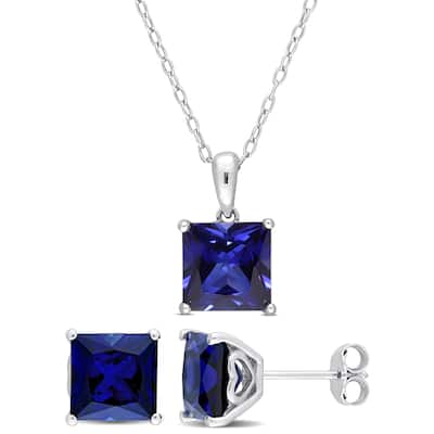 Miadora 9 1/6ct TGW Square Created Blue Sapphire Solitaire Necklace & Stud Earrings Set Sterling Silver