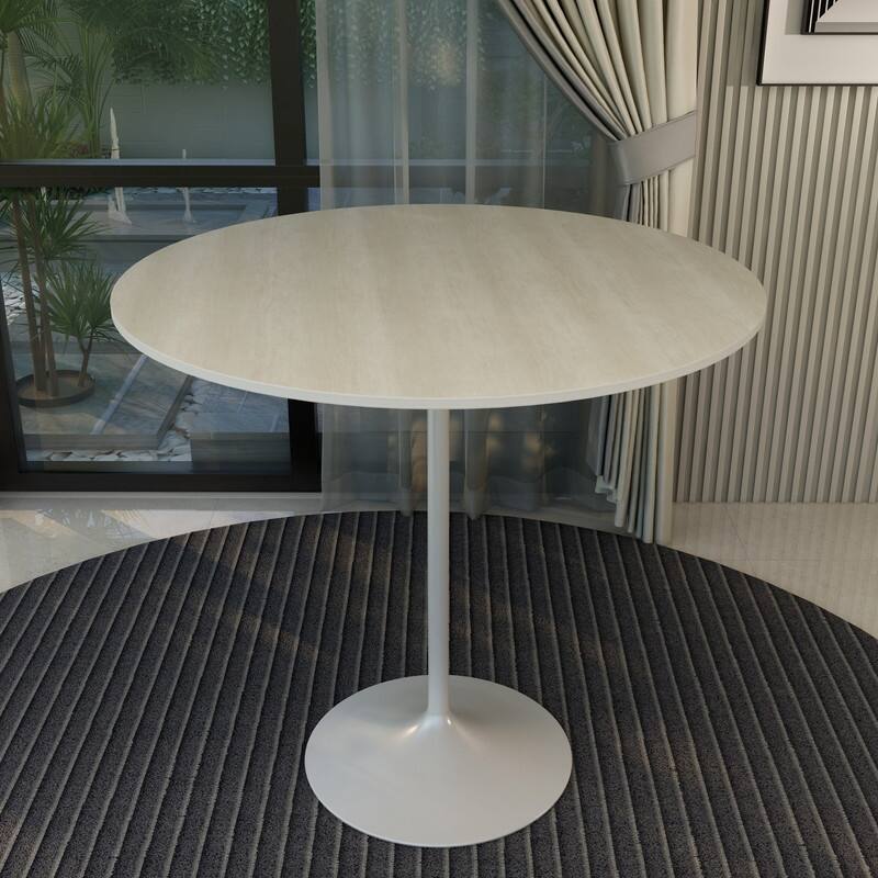 LeisureMod Verve 48" Round Dining Table with MDF Wood TableTop and White Steel Base for Kitchen & Dining Room