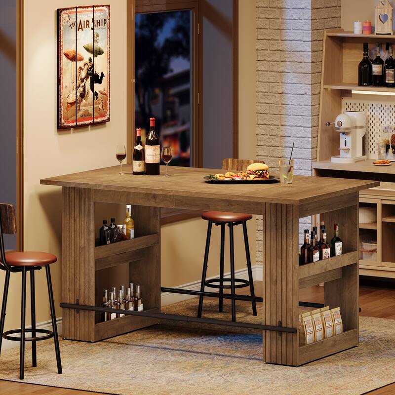 63 Inch Bar Table with Storage Shelves, Counter Height Pub Dining Table with Footrest - 62.99" L x 31.5" W x 37.4" H - Rustic Brown & Black