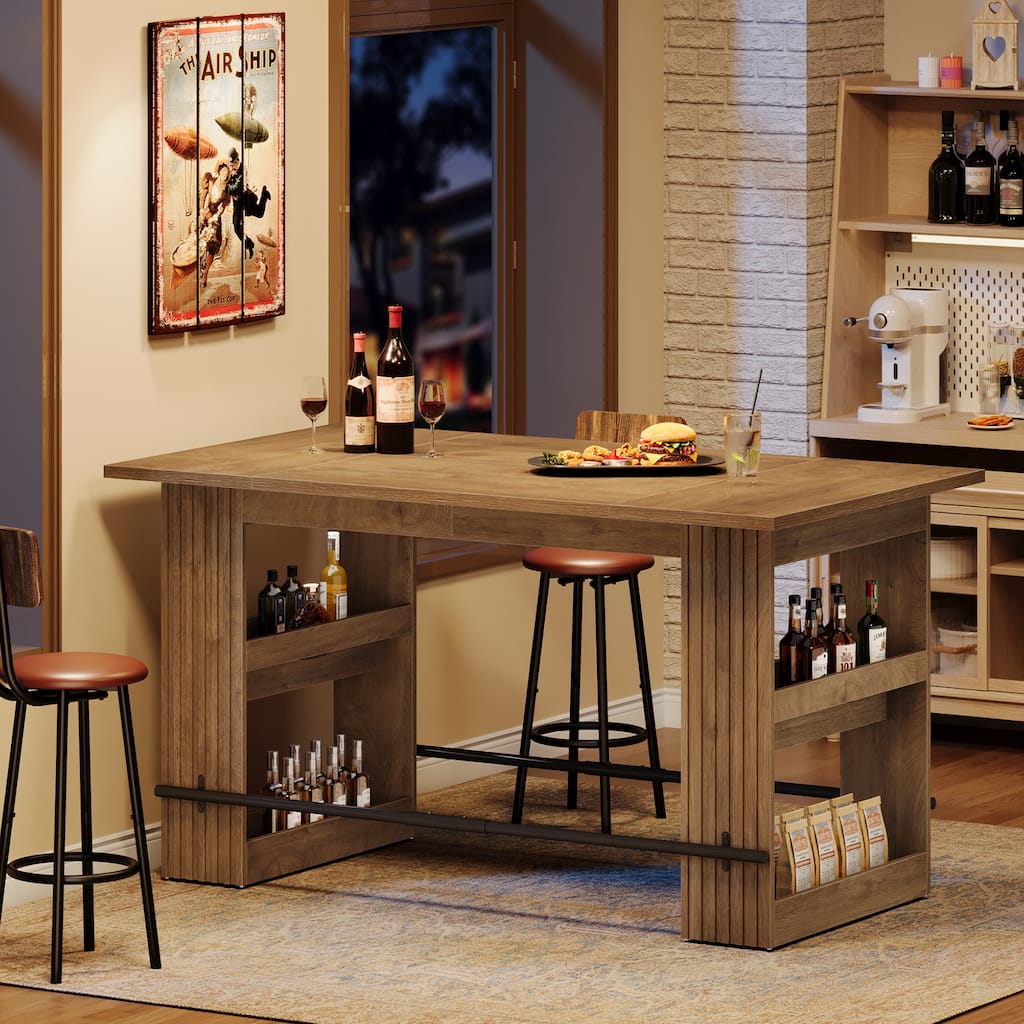63 Inch Bar Table with Storage Shelves, Counter Height Pub Dining Table with Footrest - 62.99" L x 31.5" W x 37.4" H