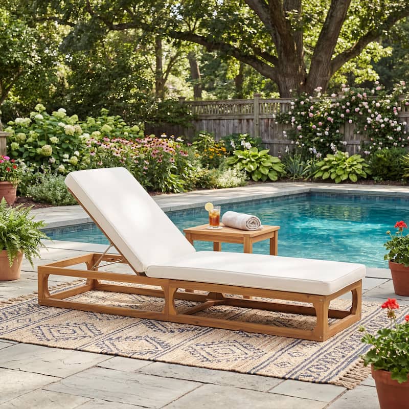 Christopher Knight Home - Patio Acacia Wood Chaise Lounge with Adjustable Backrest and Waterproof Cushion - Single