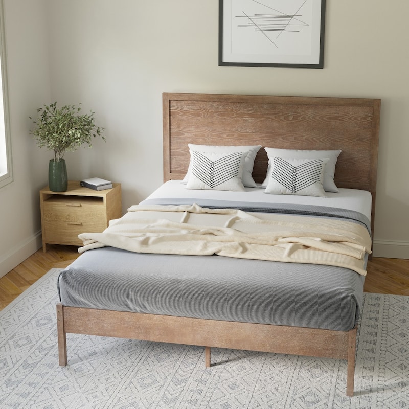 Solid Wood Platform Bed with Headboard and Wooden Slats