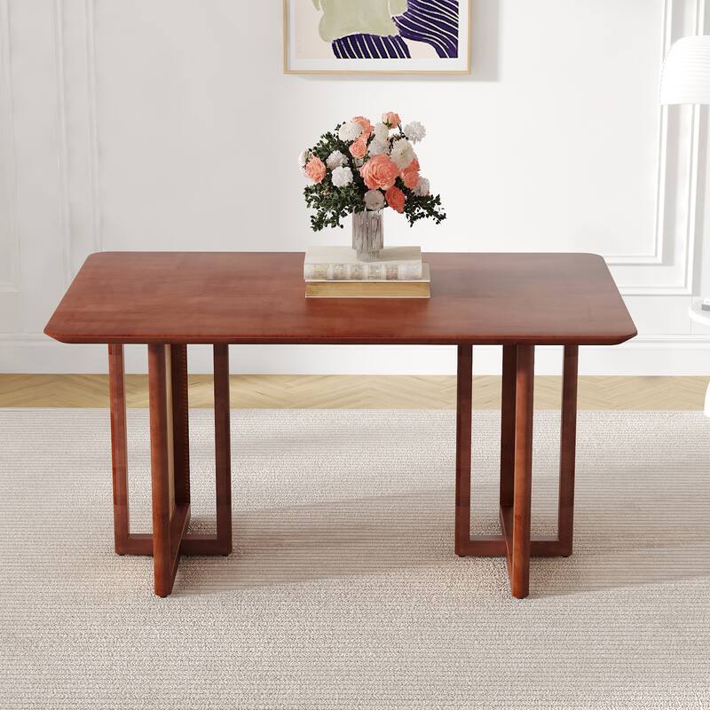 Wood Dining Table Workbench Conference Table with Imitation Rattan Texture Legs and Anti-Slip Feet