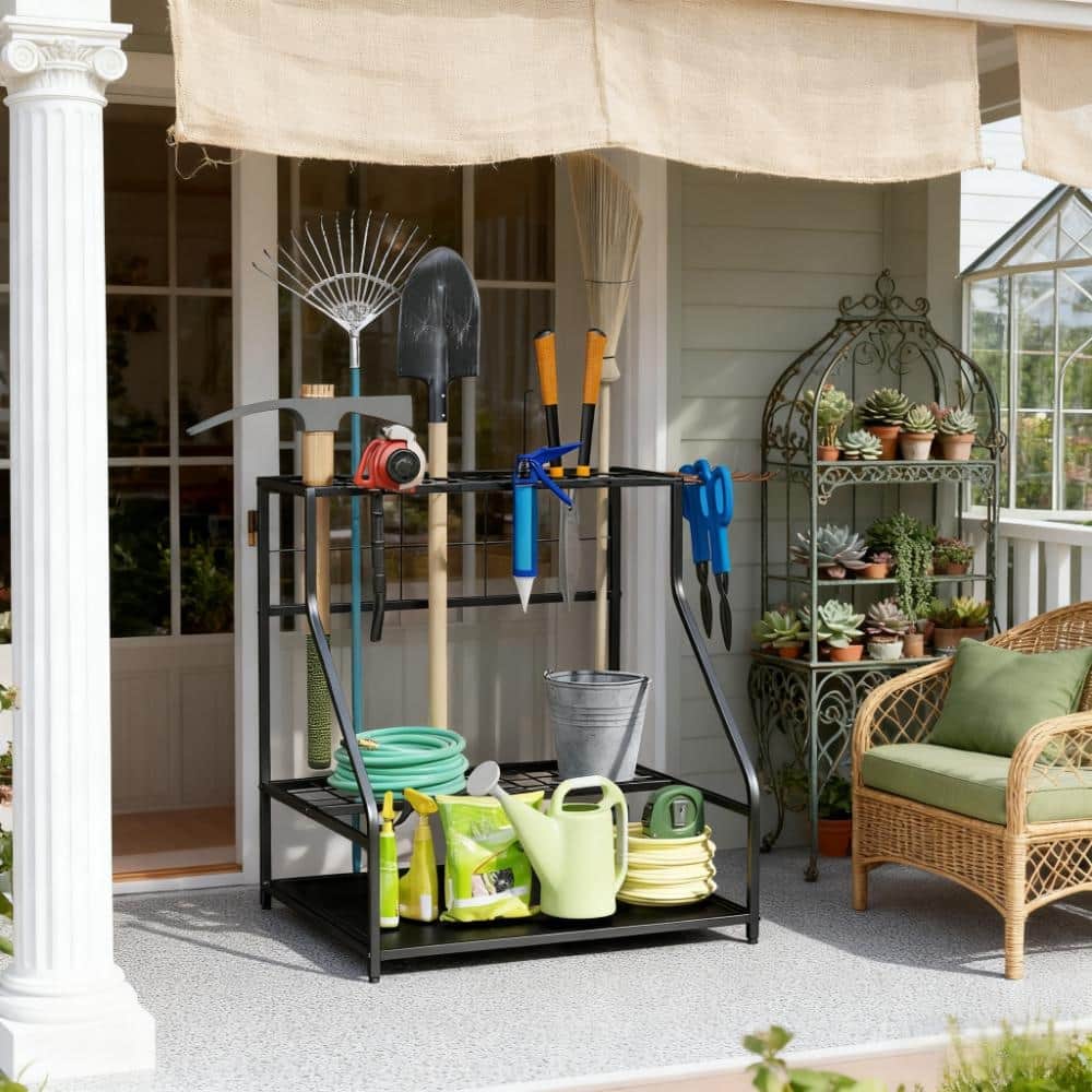 GDFStudio - Flint 3-Tier Multi-Purpose Metal Yard Tool Storage Rack with Hooks for Garage, Shed, & Outdoor Use - 33.1"