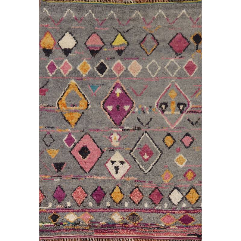 Grey Geometric Plush Moroccan Oriental Rug Hand-Knotted Wool Carpet - 6'1" x 9'5"