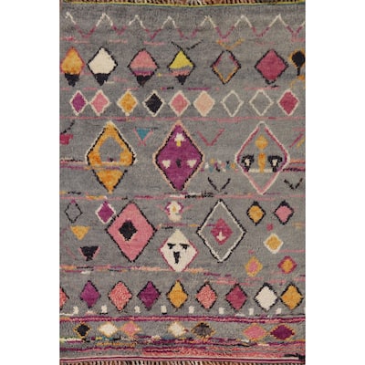 Grey Geometric Plush Moroccan Oriental Rug Hand-Knotted Wool Carpet - 6'1" x 9'5"