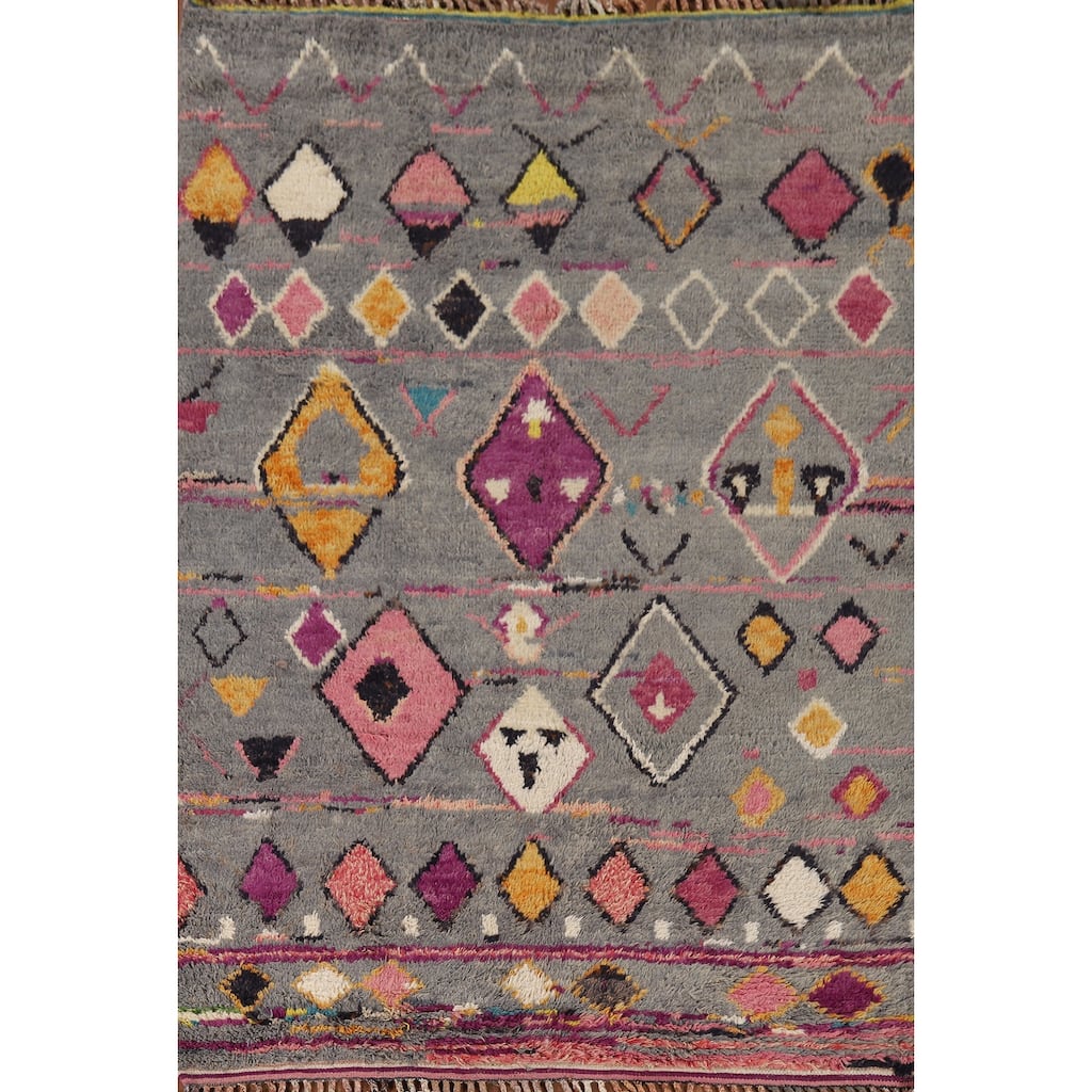 Grey Geometric Plush Moroccan Oriental Rug Hand-Knotted Wool Carpet - 6'1" x 9'5"